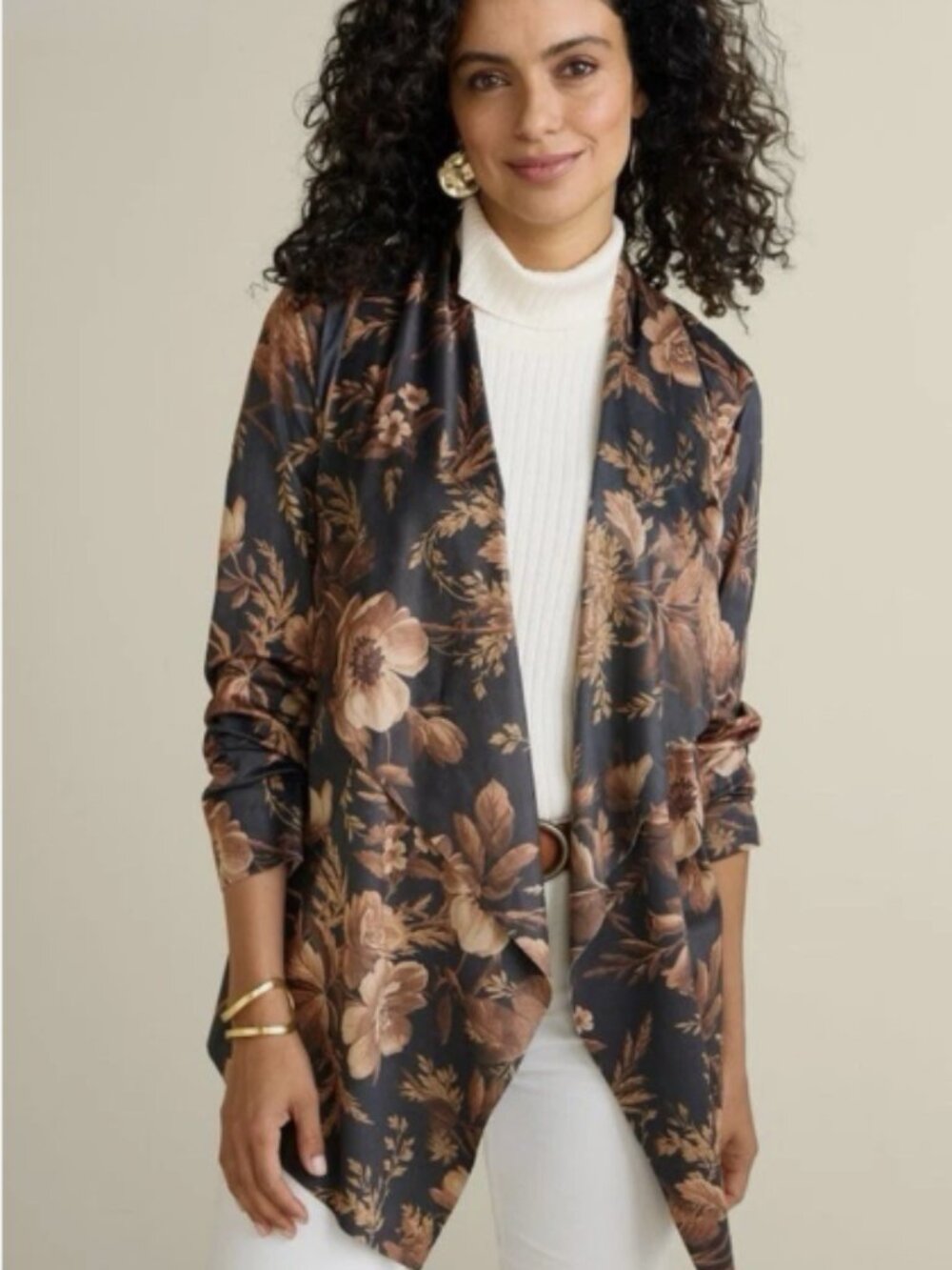 Soft Surroundings Shape Drape Faux Suede Floral Jacket Brown and Tan Size Large